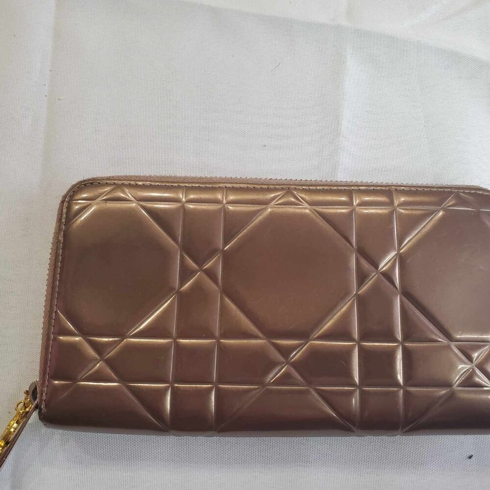 Dior Rose Gold Patent Cannage Leather Zip Around Wallet
